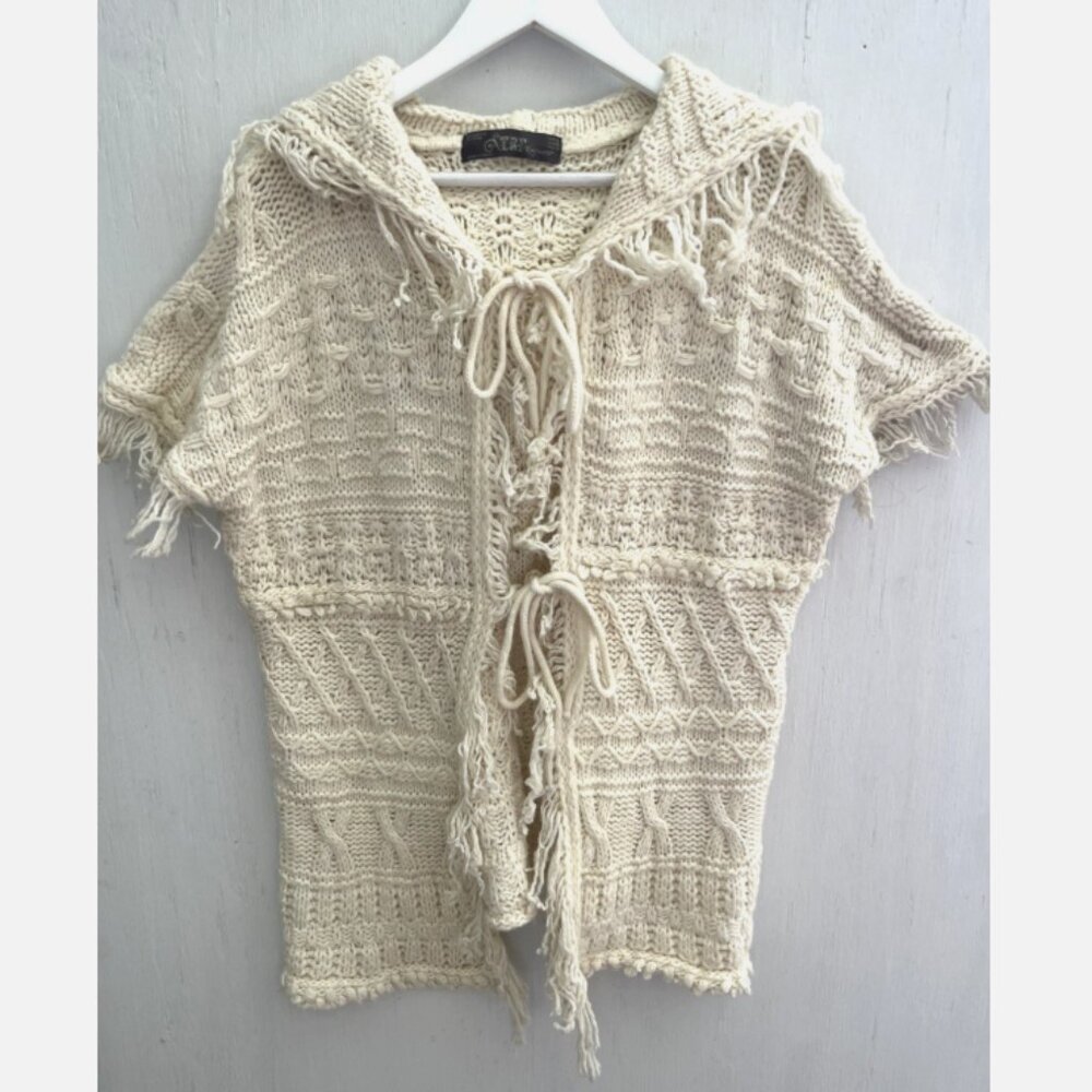 TRF Knitwear Ivory Chunky Knit Fringe Hooded Cardigan Sweater Tie Front Boho M